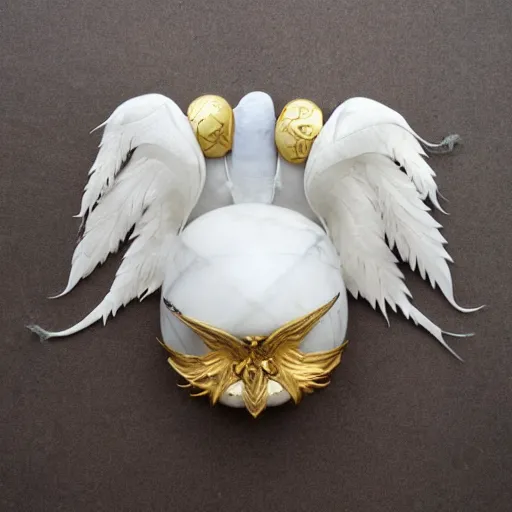 Prompt: white marble with gold accents, an eye with wings and fangs by ellen jewett