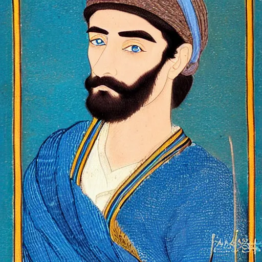 Image similar to portrait of paul atreides, pensive, bright blue eyes, in the style of persian miniature paintings.