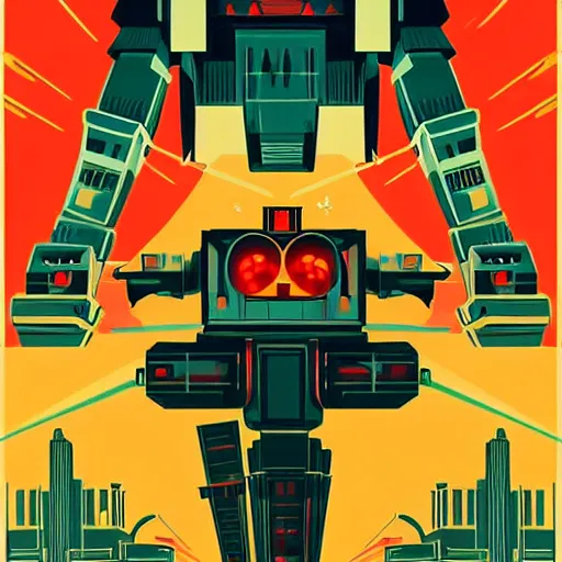 Image similar to an art deco painting of giant robots stomping on cities, and shooting laser beams from their eyes, city on fire, by tom whalen, behance contest winner, retrofuturism, poster art, reimagined by industrial light & magic