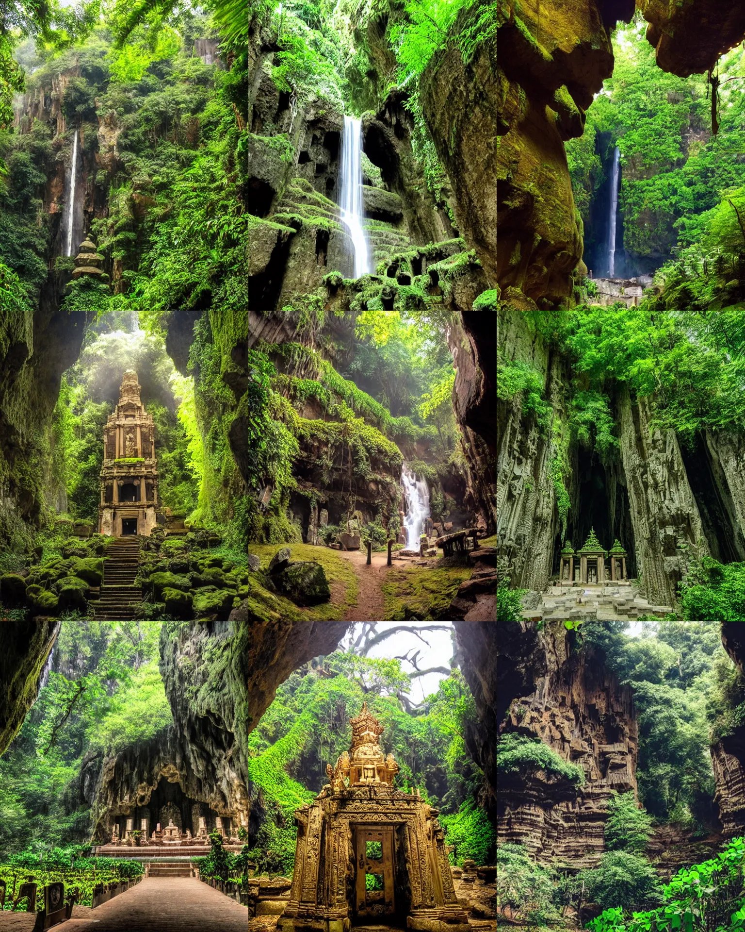 Prompt: temple, inside an enormous vast cave, huge trees, vines, waterfall