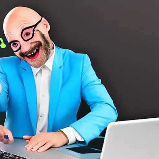 Prompt: Funny Bald Man is laughing wearing a blue suit and has a pyramidal mustache while hacking into a computer with his golden retriever, neon green glow background, hands fast typing on keyboard, matrix code background