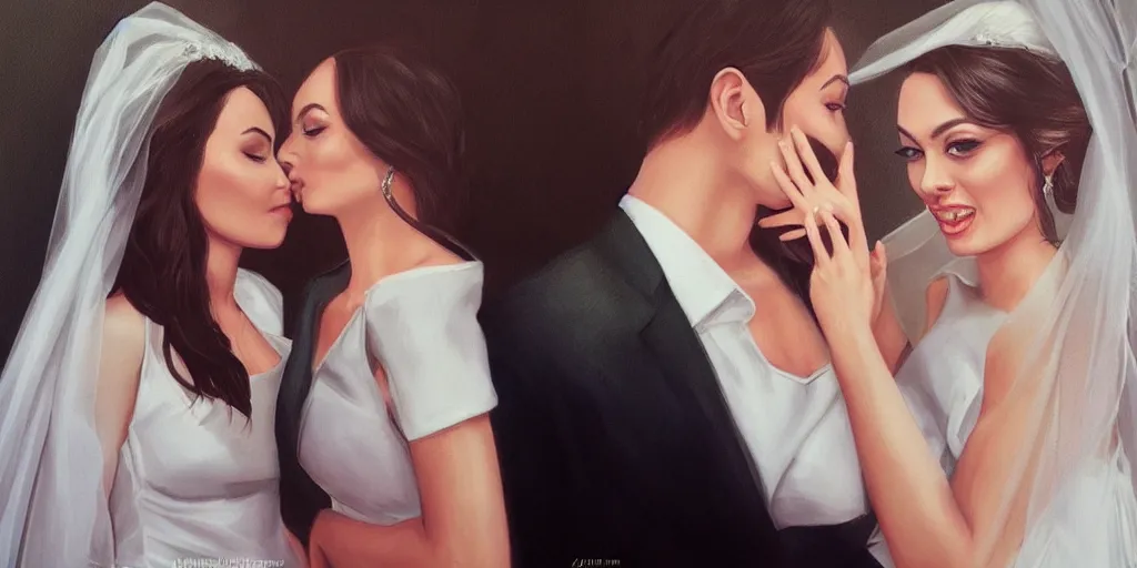 Image similar to Angelina and Margot are getting married, wedding couple portrait by Artgerm