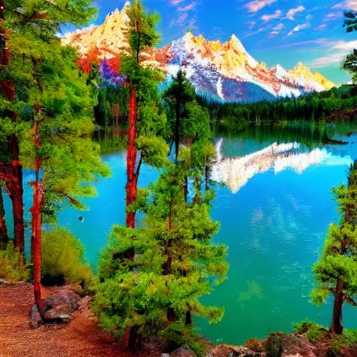 Image similar to a lake surrounded by pine trees with mountains in the background in the style of Bob Ross