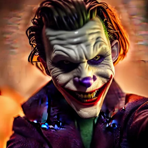 Image similar to selfie of tom holland as young joker, fine detailed face, long hair, stunning 3 d render inspired art by greg rutkowski and xiang duan and thomas eakes, realistic, highly detailed attributes and atmosphere, dim volumetric cinematic lighting, 8 k octane detailed render, post - processing, masterpiece,