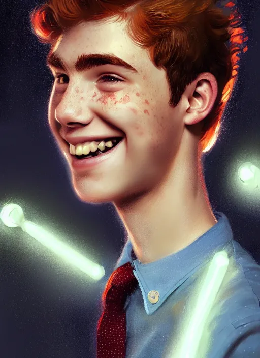 Image similar to portrait of teenage archie andrews, freckles, curly middle part haircut, curly hair, smiling kindly, intricate, elegant, glowing lights, highly detailed, digital painting, artstation, concept art, smooth, sharp focus, illustration, art by wlop, mars ravelo and greg rutkowski