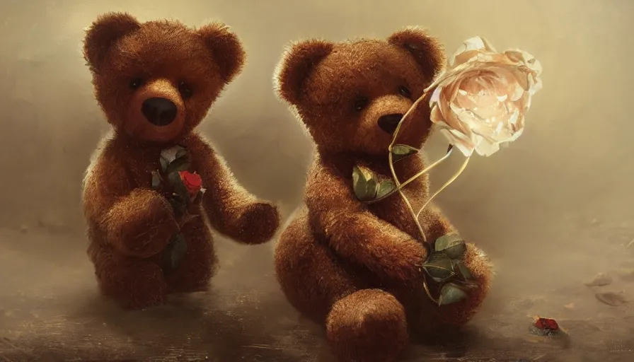 Prompt: teddy bear holding a shiny rose, sit on a dusty floor of an abandoned church, hyperdetailed, artstation, cgsociety, 8 k