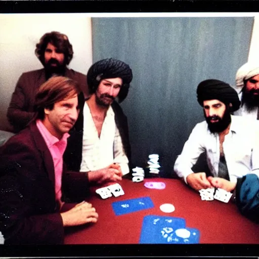 Image similar to 80's polaroid photo of saul goodman playing poker with the taliban