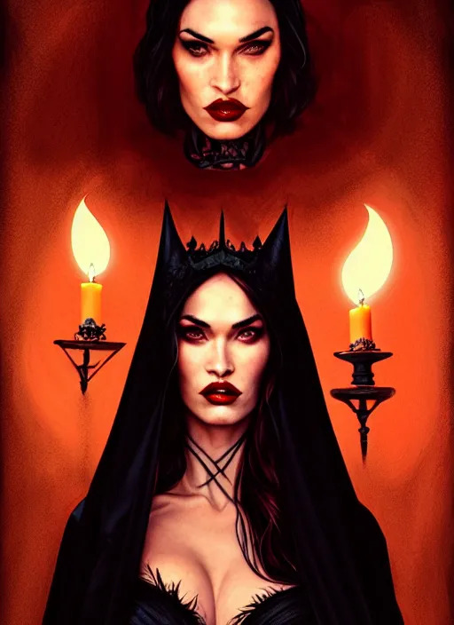 Prompt: megan fox witch queen, black eyes, blood, full body, intricate victorian dress, middle shot, cinematic lighting, symmetrical eyes, caravaggio, artgerm, joshua middleton, rafael albuquerque, charlie bowater, moody lighting, candles