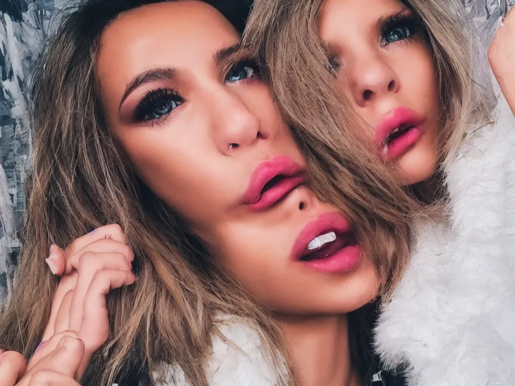 Image similar to female social media influencer in her natural habitat pouting her lips to the camera, strong facial expression, very realistic, detailed, random background