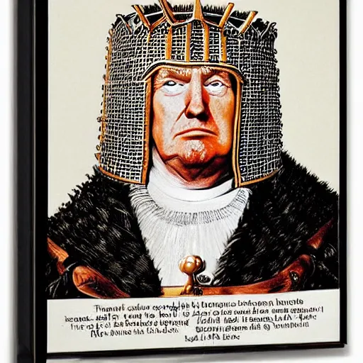 Image similar to donald trump wearing knights armor!!!!, donald trump holding a crazy broadsword, donald trump ’ s highly detailed face, donald trump ’ s handsome face, by hans holbein