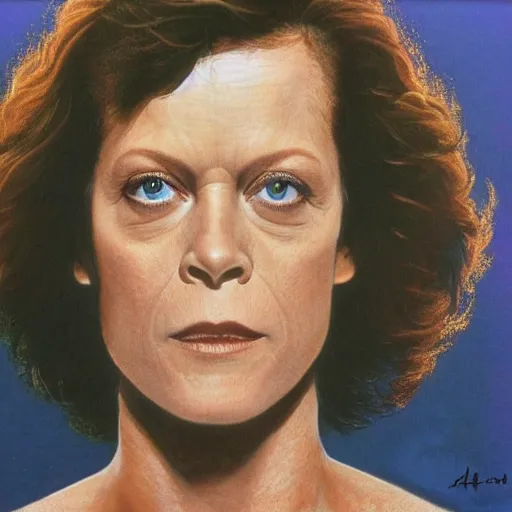 Prompt: sigourney weaver from alien, head and shoulders portrait, extremely detailed masterpiece, one single continues line.