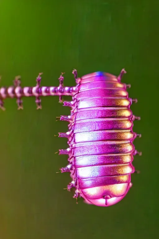 Image similar to high quality macro photo iridescent cyborg caterpillar! cute highly detailed david ligare elson peter cinematic pink lighting high quality low angle hd 8k sharp shallow depth of field