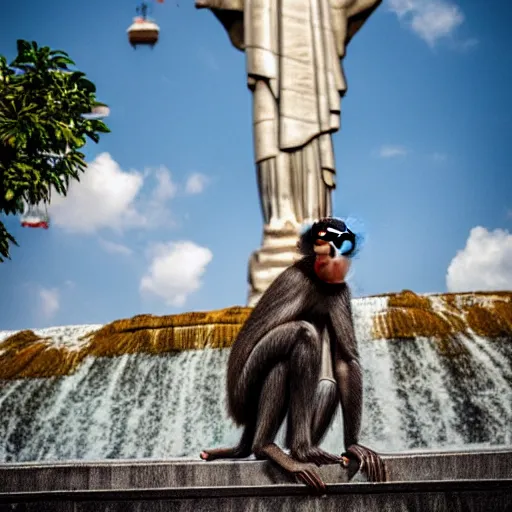 Image similar to high quality portrait of a monkey in front of Christ The Redeemer Statue, studio photograph, photograph, realistic photo, 8k photo, 4k photo, stock photo, high resolution, cinematic shot, high detail