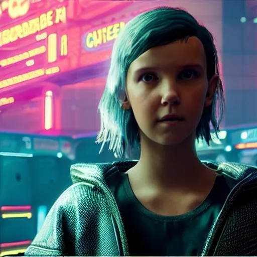 Prompt: Millie Bobby Brown in Cyberpunk 2077