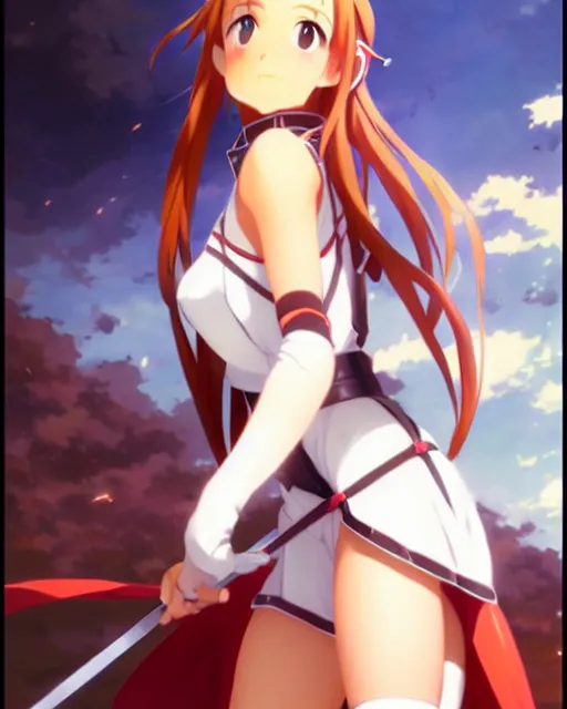 Image similar to very cute photo of asuna from sao, asuna by a - 1 pictures, by greg rutkowski, gil elvgren, enoch bolles, glossy skin, pearlescent, anime, very coherent