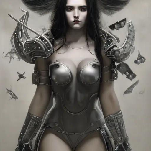 Image similar to By Tom Bagshaw, ultra realist soft painting of an attractive thicc curvy cyberpunk anime female fully body armored, with thin lustrous long hair floating, photorealistic eyes render, looking at camera, curiosities carnival, symmetry accurate features, very intricate details, focus, dark fantasy background black and white