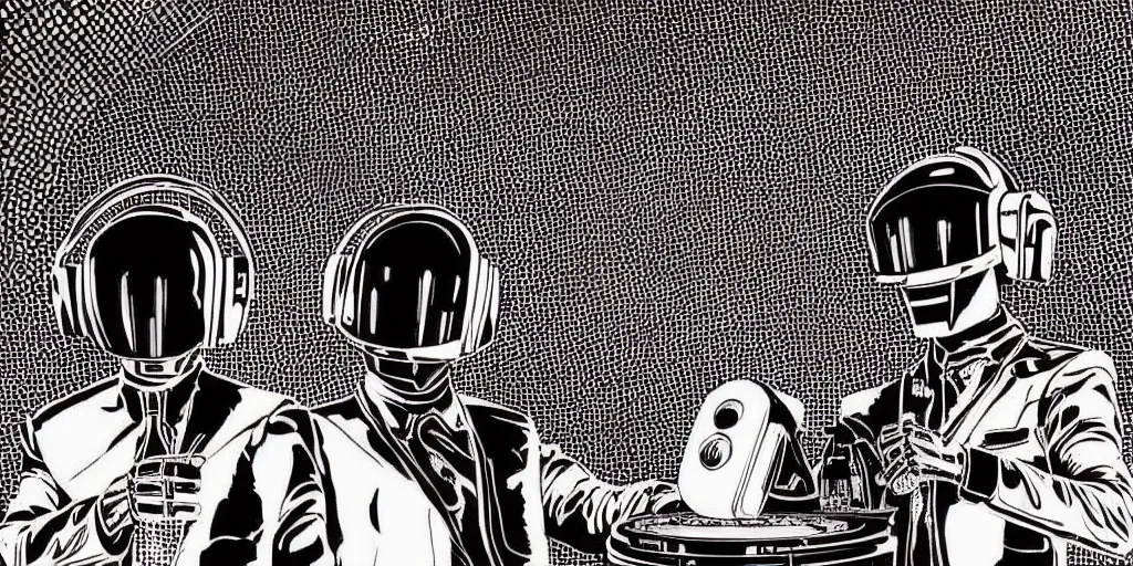 Image similar to intricate detailed artwork of Daft Punk using dj controller at an underground warehouse rave in Ibiza playing techno house music, housands of beautiful gorgeous female dancing in bikini, in the style of Moebius, wires, speakers, black and white ink, some ink drips