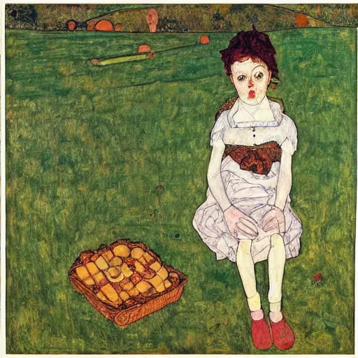 Image similar to girl at a picnic,, by Egon Schiele