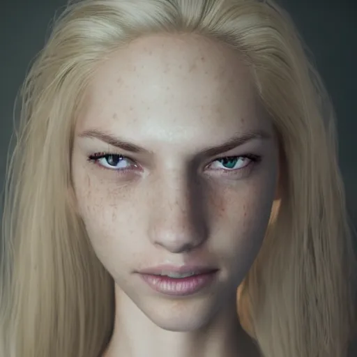 Image similar to Portrait of a Blonde Girl, Young Beautiful Face, Green Eyes, Freckles, Wearing a white crop-top and jeans, with a subtle smile, Detailed, 8K, Epic, Charming, Character, Octane Rendering, Hyper Realistic