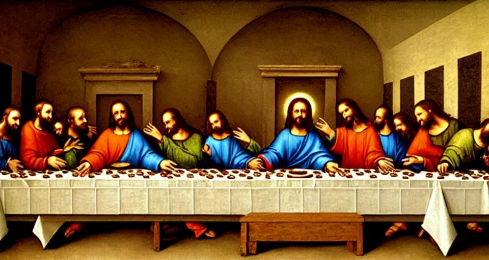 Image similar to The last supper, but Jesus is the DJ (disc jesus), painting by Leonardo da Vinci