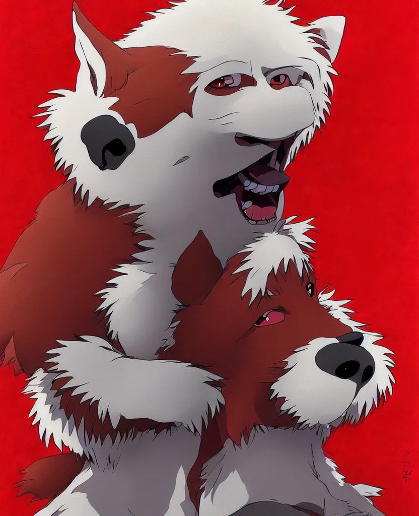 Prompt: beautiful painting from the anime film by studio ghibli, red anthropomorphic dog human hybrid wearing human clothes, drooling, fur, trending on artstation