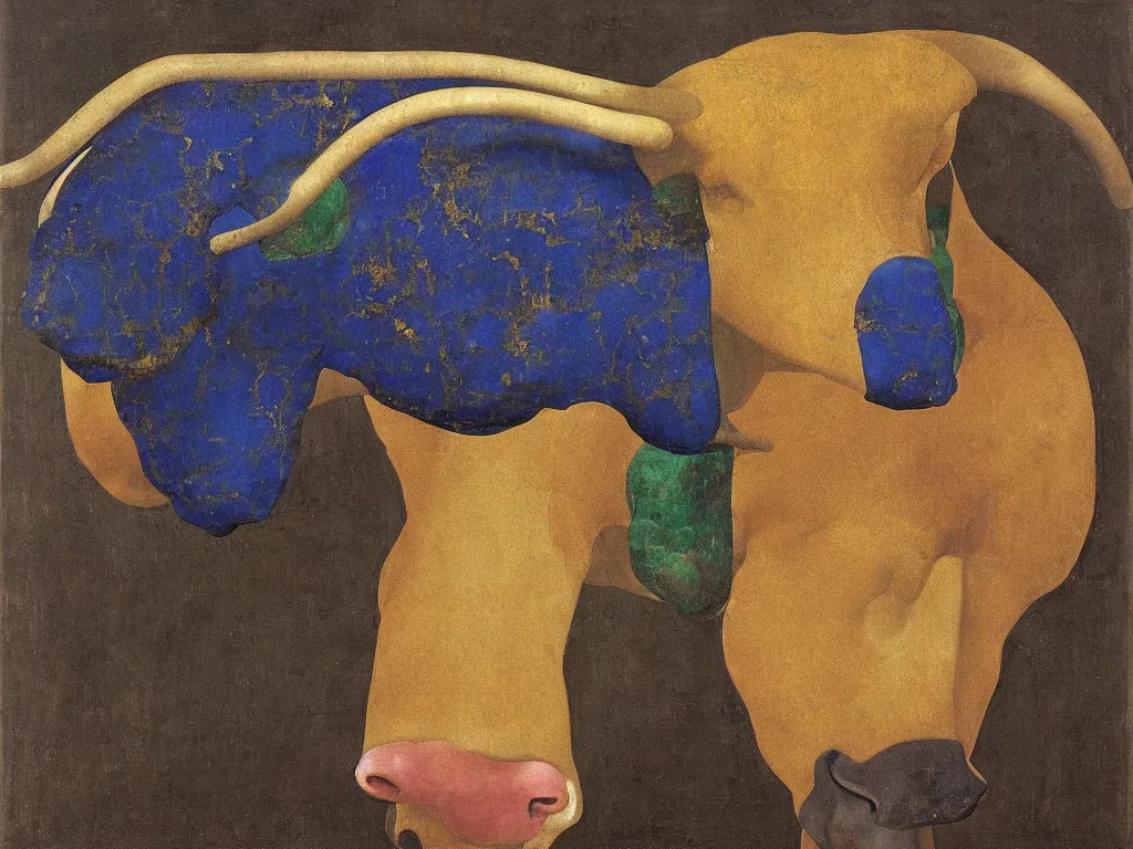 Image similar to portrait of a bull head. lapis lazuli, malachite, cinnabar, gold. painting by piero della francesca, balthus, agnes pelton