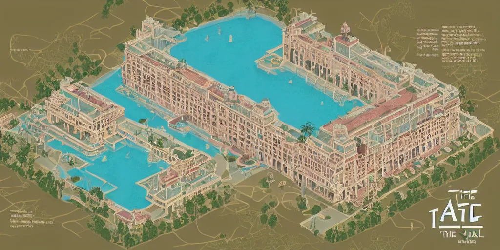 Image similar to The Taj hotel mep map axonometric pastel infographic by Wes Anderson