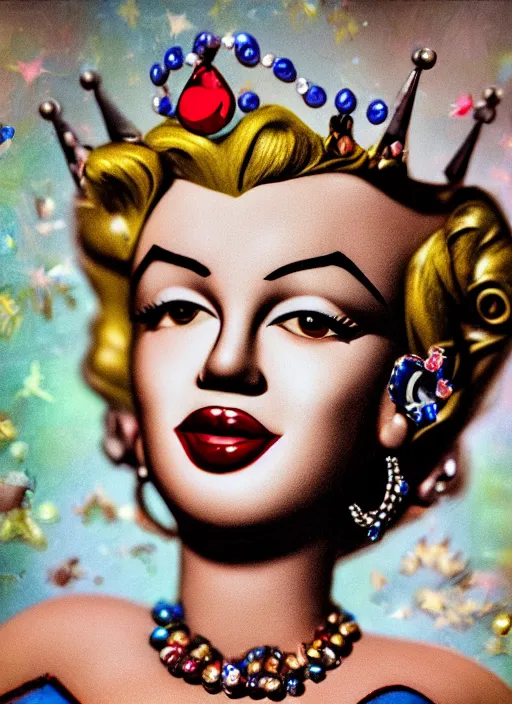 Prompt: closeup face profile portrait of tin toy marilyn monroe as a fairytale princess wearing a crown eating cakes, bikini, depth of field, zeiss lens, detailed, symmetrical, centered, fashion photoshoot, by nicoletta ceccoli, mark ryden, lostfish, breathtaking, 8 k resolution, extremely detailed, beautiful, establishing shot, artistic, hyperrealistic, octane render