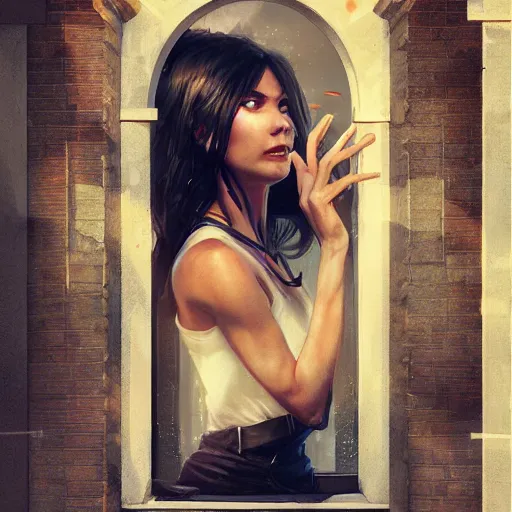 Image similar to window, eye, women, buildings, scared, by wlop, artgerm, greg rutkowski