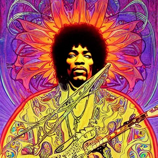 Image similar to colorfull artwork by Franklin Booth and Alphonse Mucha showing a portrait of Jimi Hendrix as a futuristic space shaman