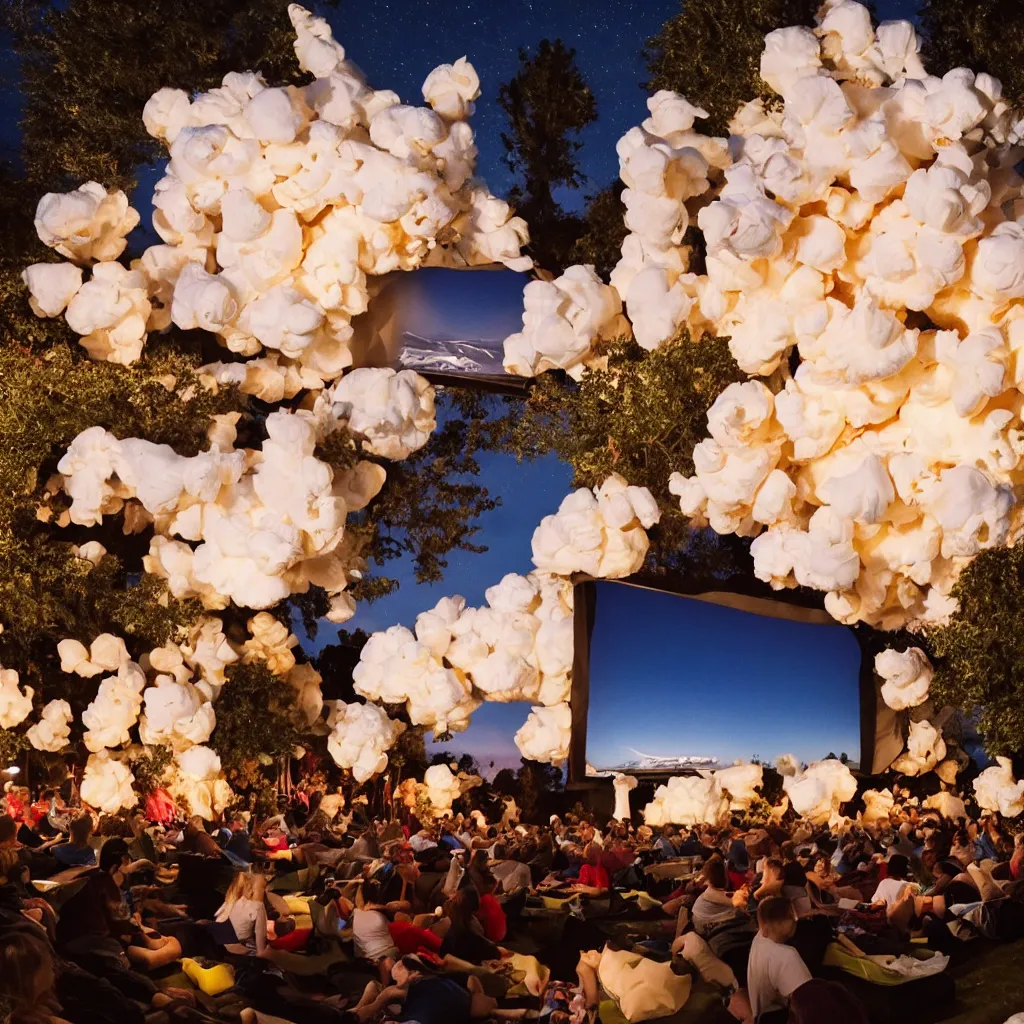 Prompt: outdoor cinema with giant popcorn at night