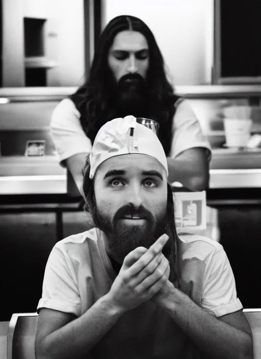 Image similar to still of jesus christ in mcdonalds, canon eos c 3 0 0, ƒ 1. 8, 3 5 mm, 8 k, medium - format print,