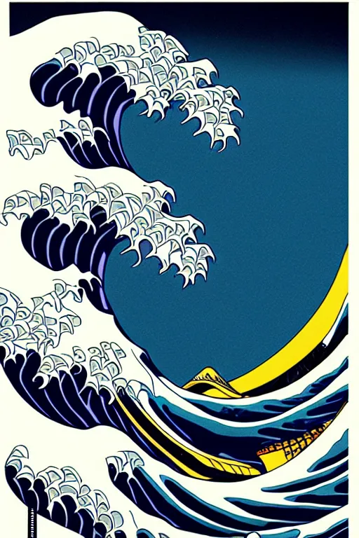 Prompt: Patrick Nagel Poster inspired by The Great Wave off Kanagawa, synthwave aesthetic, highly detailed, digital painting, artstation, concept art, smooth, sharp focus, illustration