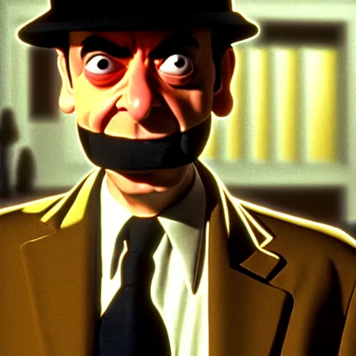 Image similar to mr. bean as a blues brother from the blues brothers movie. movie still. cinematic lighting.