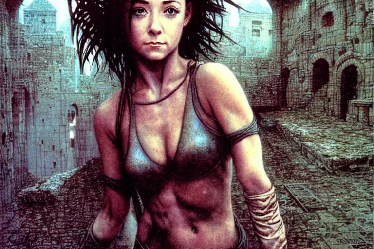 Image similar to cute young alyson hannigan with short hairs in medieval city by luis royo and wayne barlowe, beksinski