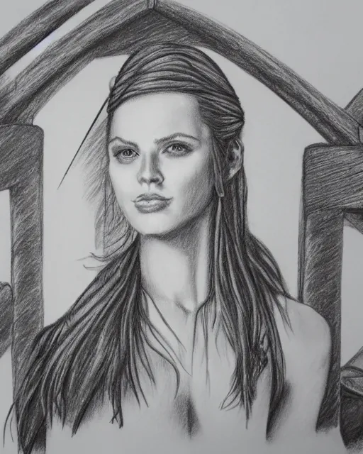 Image similar to A beautiful female warrior on a pirate ship at a deserted island, blended outline, realism pencil drawing on white paper, bald lines