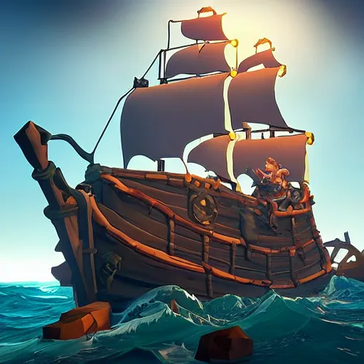 Image similar to sea of thieves scene with a hedgehog on a pirate ship, digital art, epic lighting, game screenshot