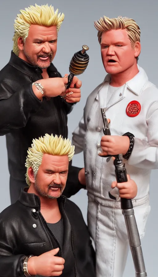 Image similar to hot toys figurine of guy fieri and gordon ramsay, realistic, up close image, 1 / 1 6 th scale, unopened, listing image, hd