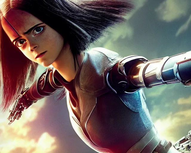 Prompt: a film still from battle angel alita played by actress emma watson, futuristic, cinematic lighting, photorealistic, lifelike, highly detailed, photorealistic, high resolution