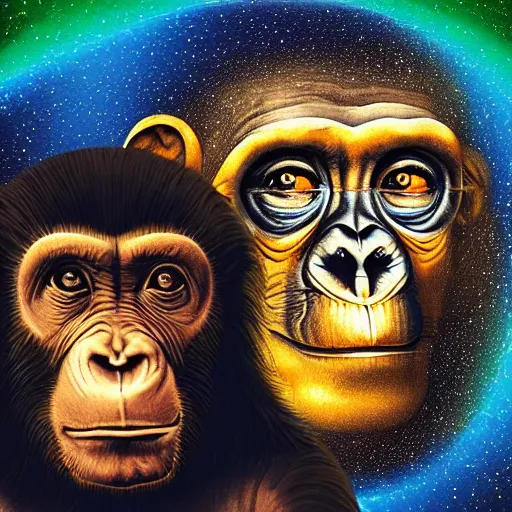 Image similar to double exposure portrait of astronaut and a chimpanzee astronaut with space and time in the the background by davinci, circles, psychedelic, pencil art, high definition, dynamic lighting stars, sharpness, golden ratio