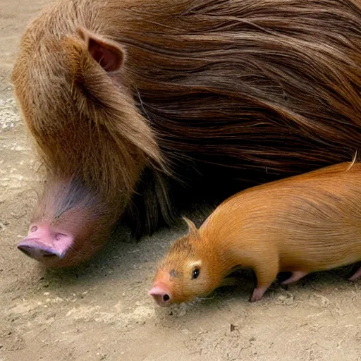 Image similar to two long haired capybara cuddle a pig