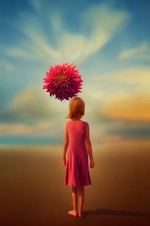 Image similar to closeup giant dahlia flower head, girl standing on beach, surreal photography, blue sky, sunrise, dramatic light, impressionist painting, digital painting, artstation, simon stalenhag