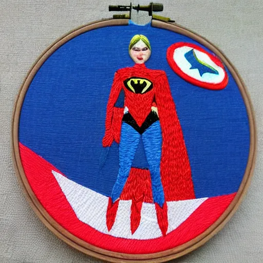 Prompt: a beautiful handmade embroidery of a woman dressed as a superhero. hand embroidery.