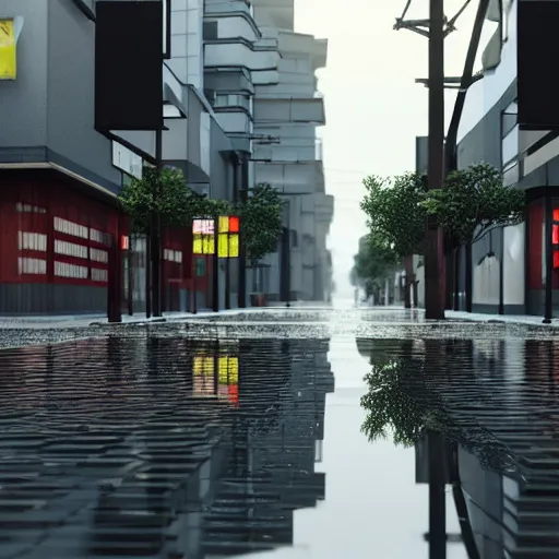 Image similar to still photo of rain puddles and reflections in a japanese street, cloudy weather, highly detailed, photorealistic shot, bright studio setting, studio lighting, crisp quality and light reflections, unreal engine 5 quality render