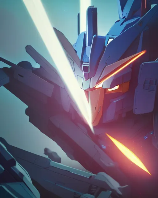 Image similar to highly detailed vfx portrait of a gundam with wings of feathers beam saber fighting in space with a beam gun, unreal engine, greg rutkowski, loish, rhads, beeple, makoto shinkai and lois van baarle, ilya kuvshinov, rossdraws, tom bagshaw, alphonse mucha, global illumination, detailed and intricate environment