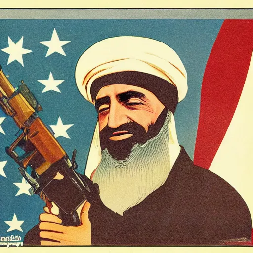 Image similar to islamic soviet propaganda poster of joe biden as osama bin laden in afghanistan