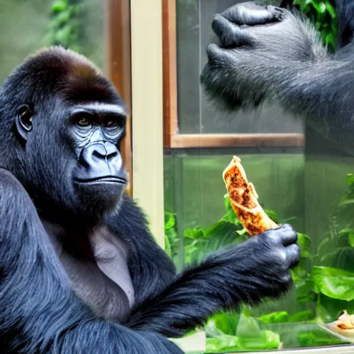 Prompt: a gorilla eating a burrito behind glass at the zoo.