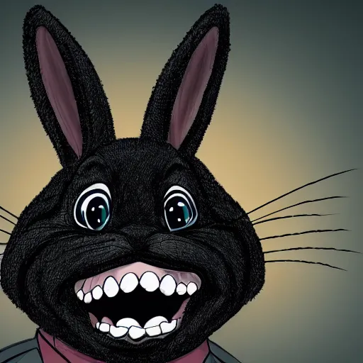 Image similar to A extremely highly detailed majestic hi-res beautiful, highly detailed head and shoulders portrait of a scary terrifying, horrifying, creepy black cartoon rabbit evil laughing standing up wearing pants and a shirt in the style of Walt Disney