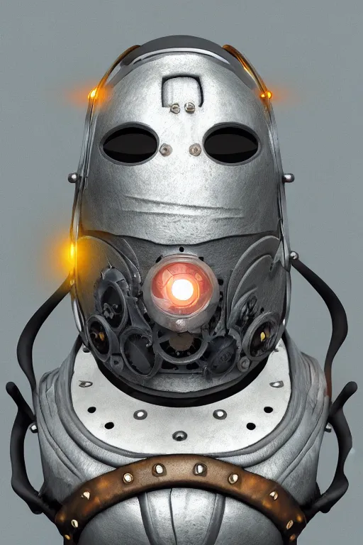 Image similar to steampunk mask minimalist fantasy art robot ninja helmet, global illumination ray tracing hdr fanart arstation by sung choi and eric pfeiffer and gabriel garza and casper konefal radiating a glowing aura