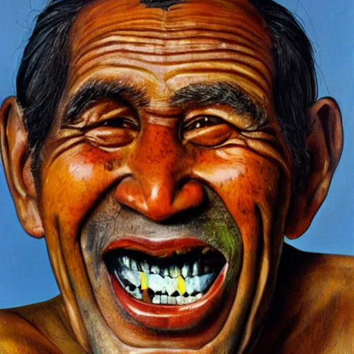 Image similar to high quality high detail painting by lucian freud, hd, portrait of a indigenous tribe leader laughing, photorealistic lighting